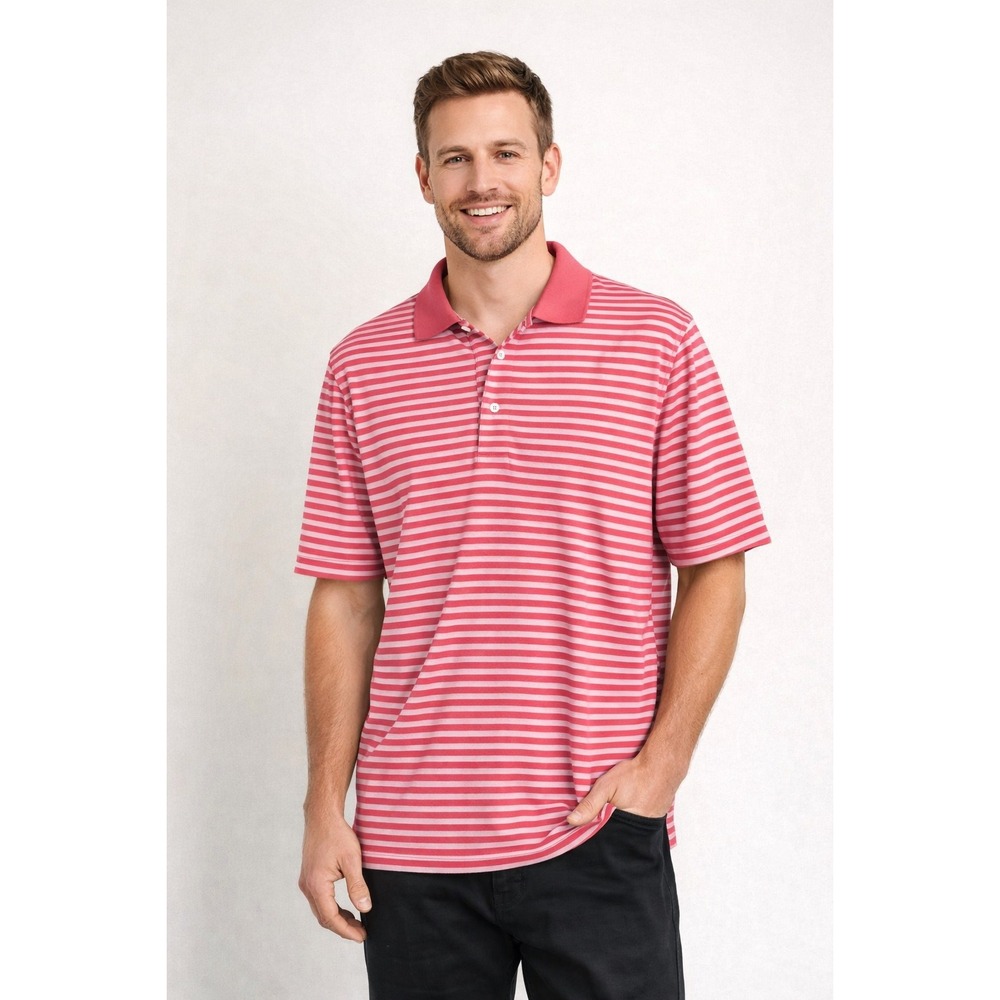 Peter Millar Summer Comfort Mens XL Polo Shirt Coral Pink White Striped Golf Top